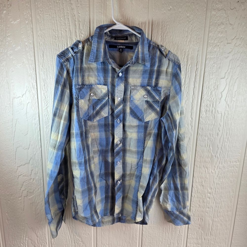 Carbon Men's Casual Blue and Cream Plaid Shirt, Size Small